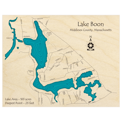 Bathymetric topo map of Lake Boon with roads, towns and depths noted in blue water