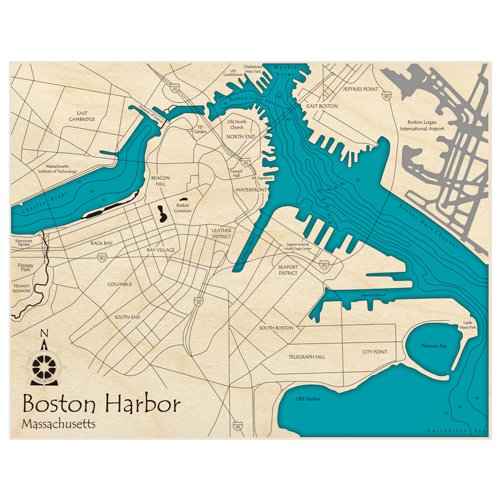 Bathymetric topo map of Boston Harbor (Zoomed in On Boston) with roads, towns and depths noted in blue water