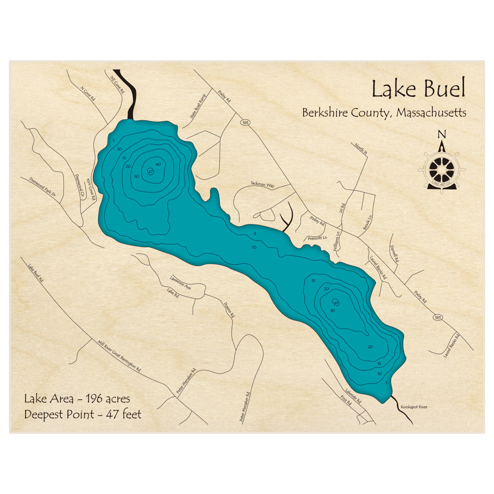 Bathymetric topo map of Lake Buel with roads, towns and depths noted in blue water