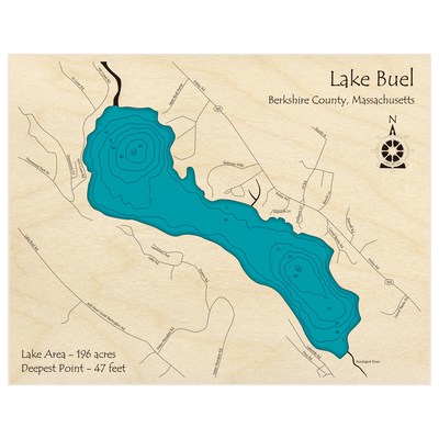 Bathymetric topo map of Lake Buel with roads, towns and depths noted in blue water