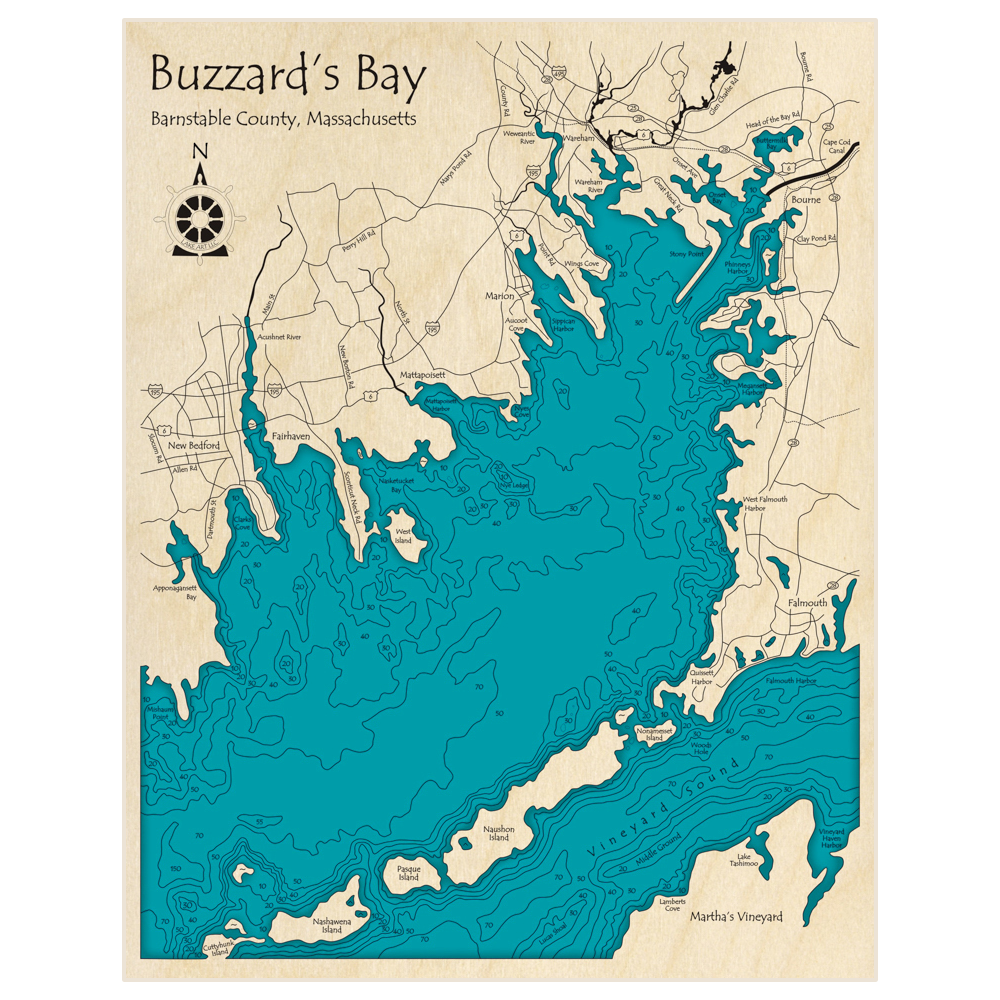 Bathymetric topo map of Buzzards Bay with roads, towns and depths noted in blue water