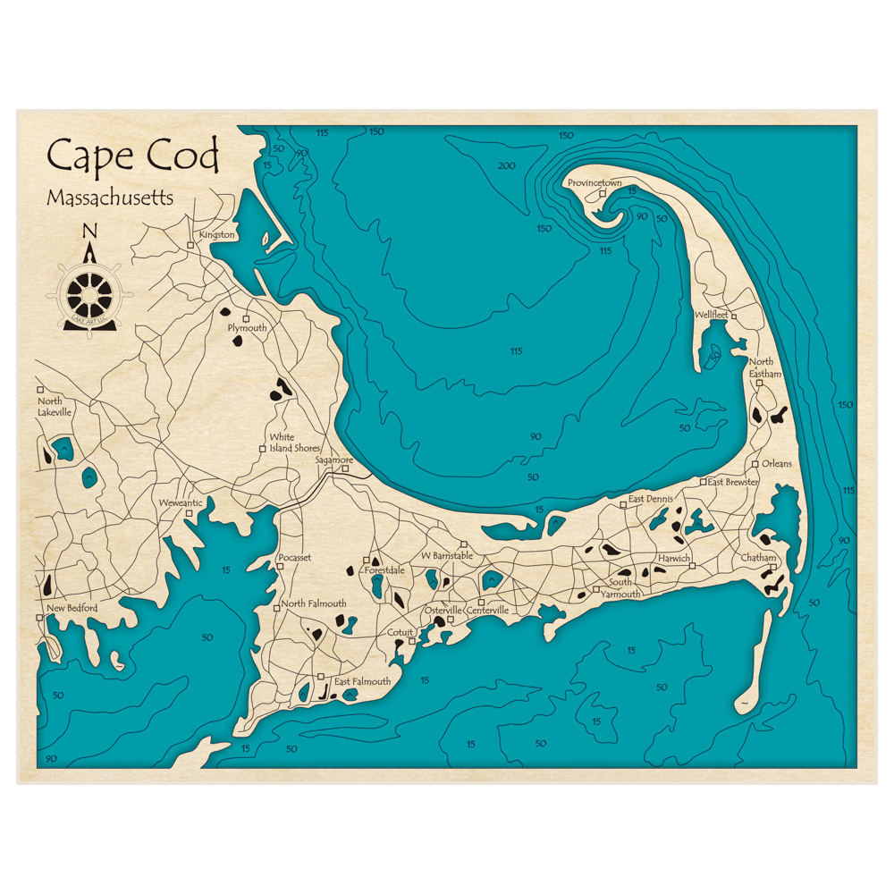 Bathymetric topo map of Cape Cod Bay with roads, towns and depths noted in blue water