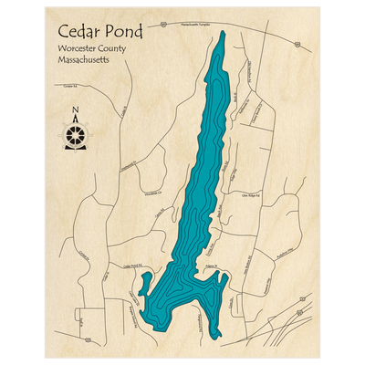 Bathymetric topo map of Cedar Pond  with roads, towns and depths noted in blue water