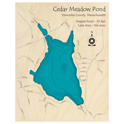 Bathymetric topo map of Cedar Meadow Pond with roads, towns and depths noted in blue water