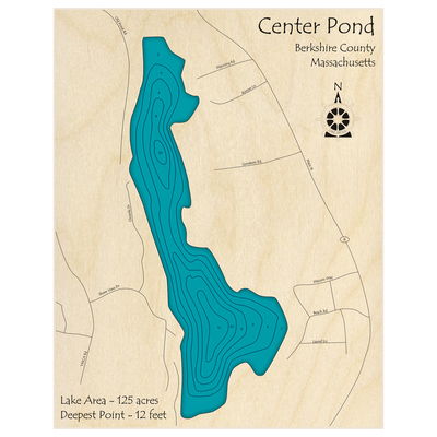 Bathymetric topo map of Center Pond with roads, towns and depths noted in blue water