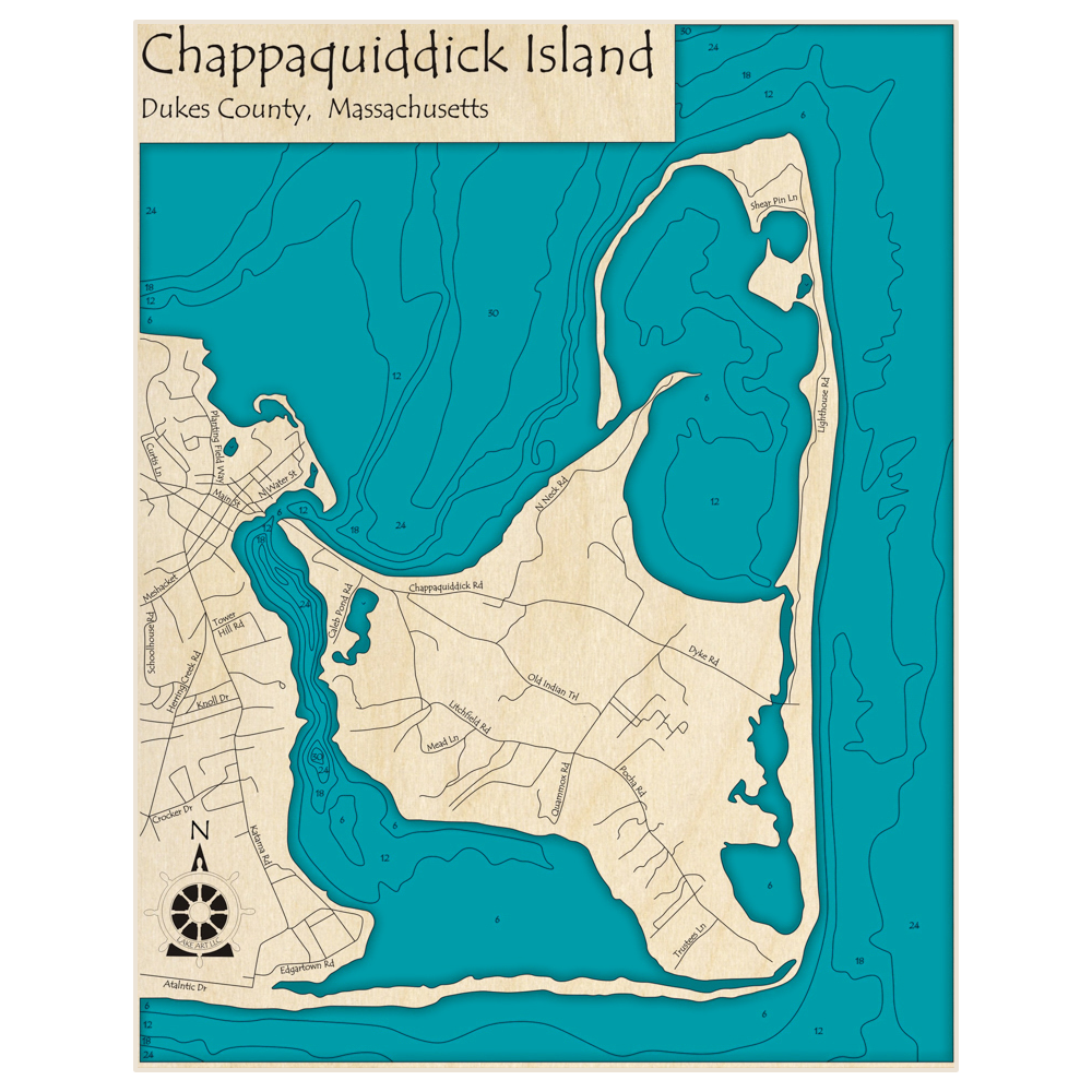 Bathymetric topo map of Chappaquiddick Island with roads, towns and depths noted in blue water