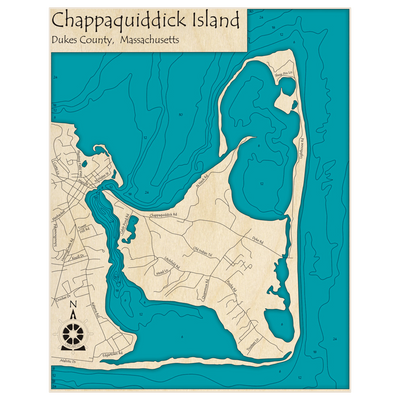 Bathymetric topo map of Chappaquiddick Island with roads, towns and depths noted in blue water