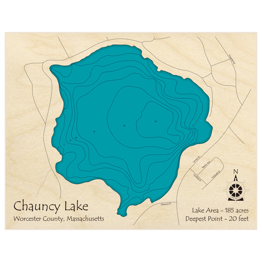 Bathymetric topo map of Chauncy Lake with roads, towns and depths noted in blue water