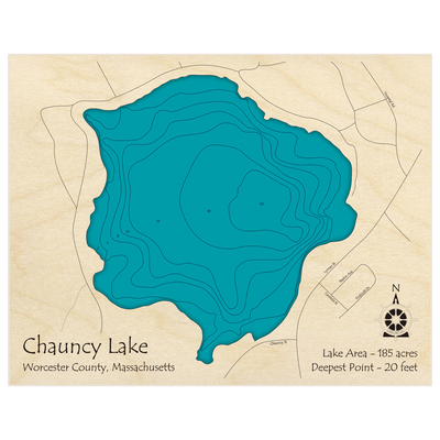 Bathymetric topo map of Chauncy Lake with roads, towns and depths noted in blue water