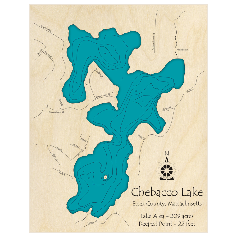 Bathymetric topo map of Chebacco Lake with roads, towns and depths noted in blue water