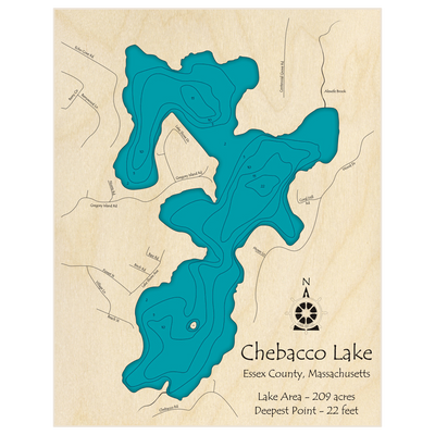 Bathymetric topo map of Chebacco Lake with roads, towns and depths noted in blue water