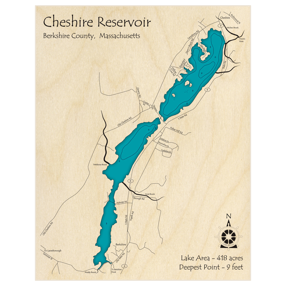 Bathymetric topo map of Cheshire Reservoir with roads, towns and depths noted in blue water