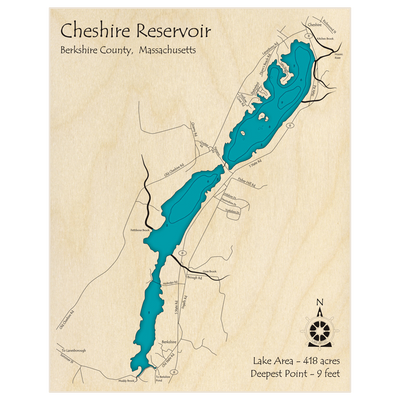 Bathymetric topo map of Cheshire Reservoir with roads, towns and depths noted in blue water