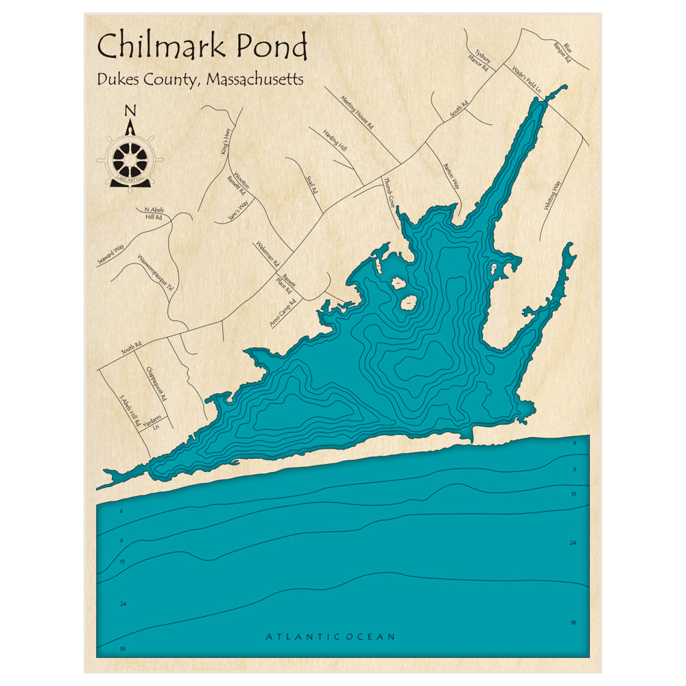 Bathymetric topo map of Chilmark Pond with roads, towns and depths noted in blue water