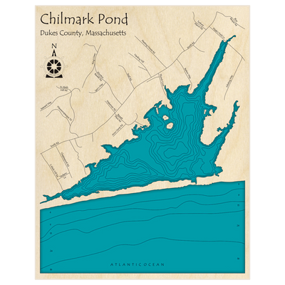 Bathymetric topo map of Chilmark Pond with roads, towns and depths noted in blue water