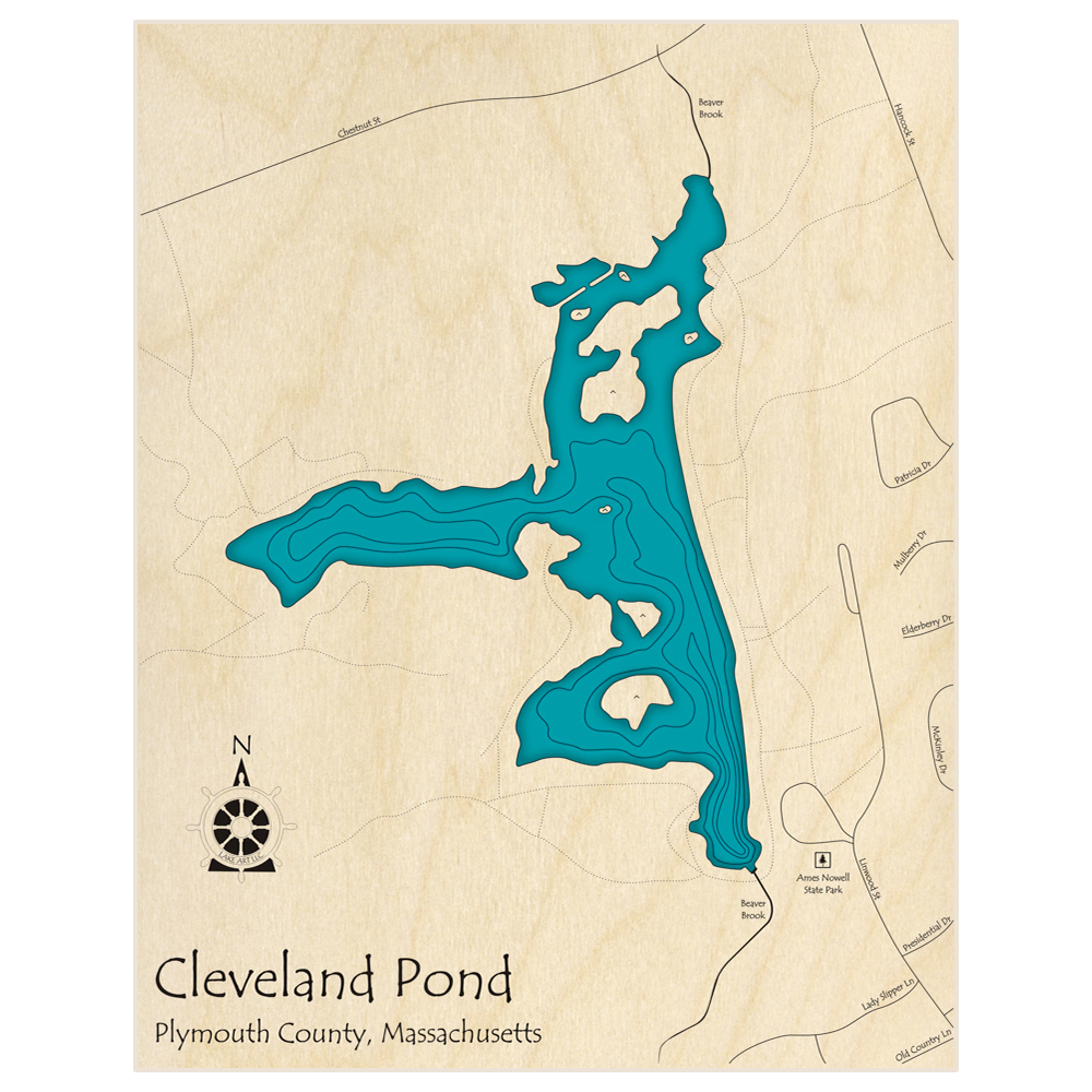 Bathymetric topo map of Cleveland Pond with roads, towns and depths noted in blue water