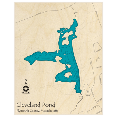 Bathymetric topo map of Cleveland Pond with roads, towns and depths noted in blue water