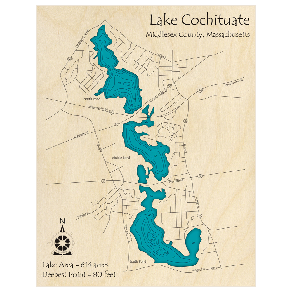 Bathymetric topo map of Lake Cochituate with roads, towns and depths noted in blue water