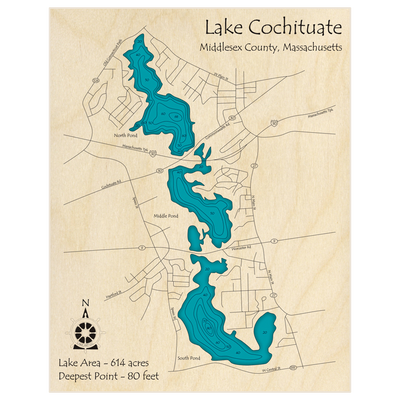 Bathymetric topo map of Lake Cochituate with roads, towns and depths noted in blue water