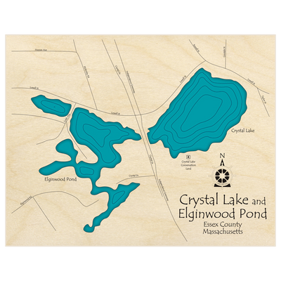 Bathymetric topo map of Crystal Lake and Elginwood Pond  with roads, towns and depths noted in blue water