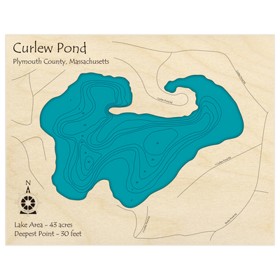 Bathymetric topo map of Curlew Pond with roads, towns and depths noted in blue water