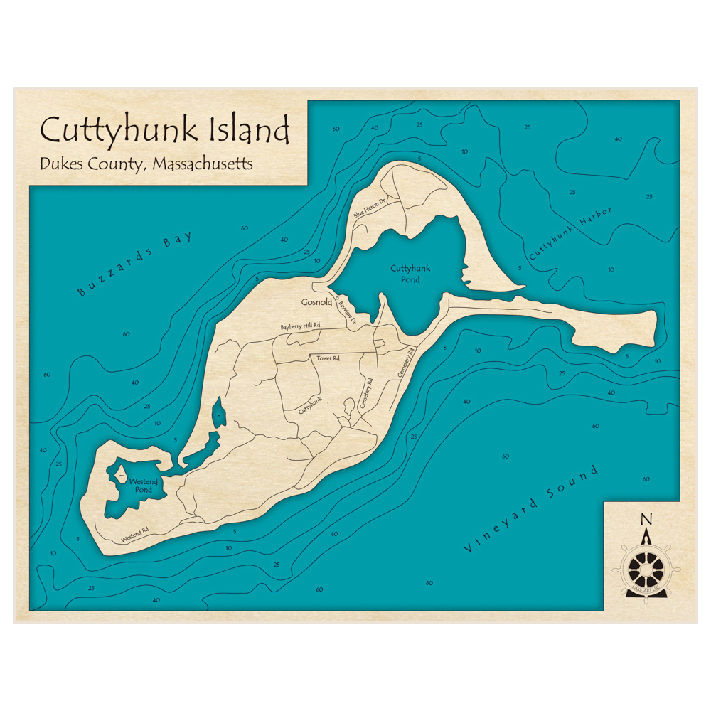 Bathymetric topo map of Cuttyhunk Island with roads, towns and depths noted in blue water