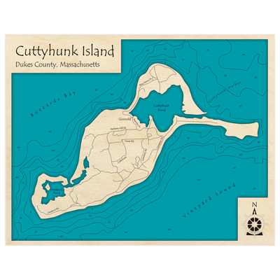 Bathymetric topo map of Cuttyhunk Island with roads, towns and depths noted in blue water