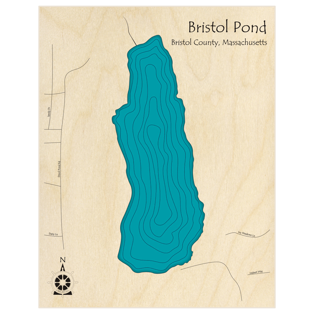 Bathymetric topo map of Devol Pond  with roads, towns and depths noted in blue water