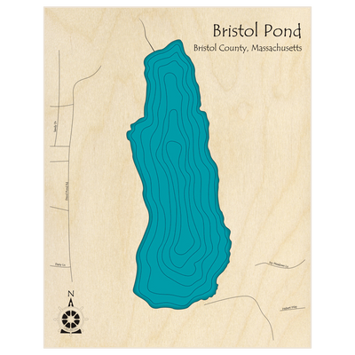 Bathymetric topo map of Devol Pond  with roads, towns and depths noted in blue water