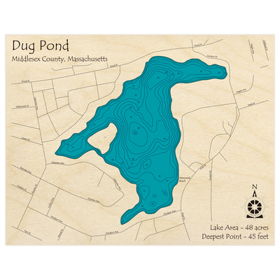 Bathymetric topo map of Dug Pond with roads, towns and depths noted in blue water