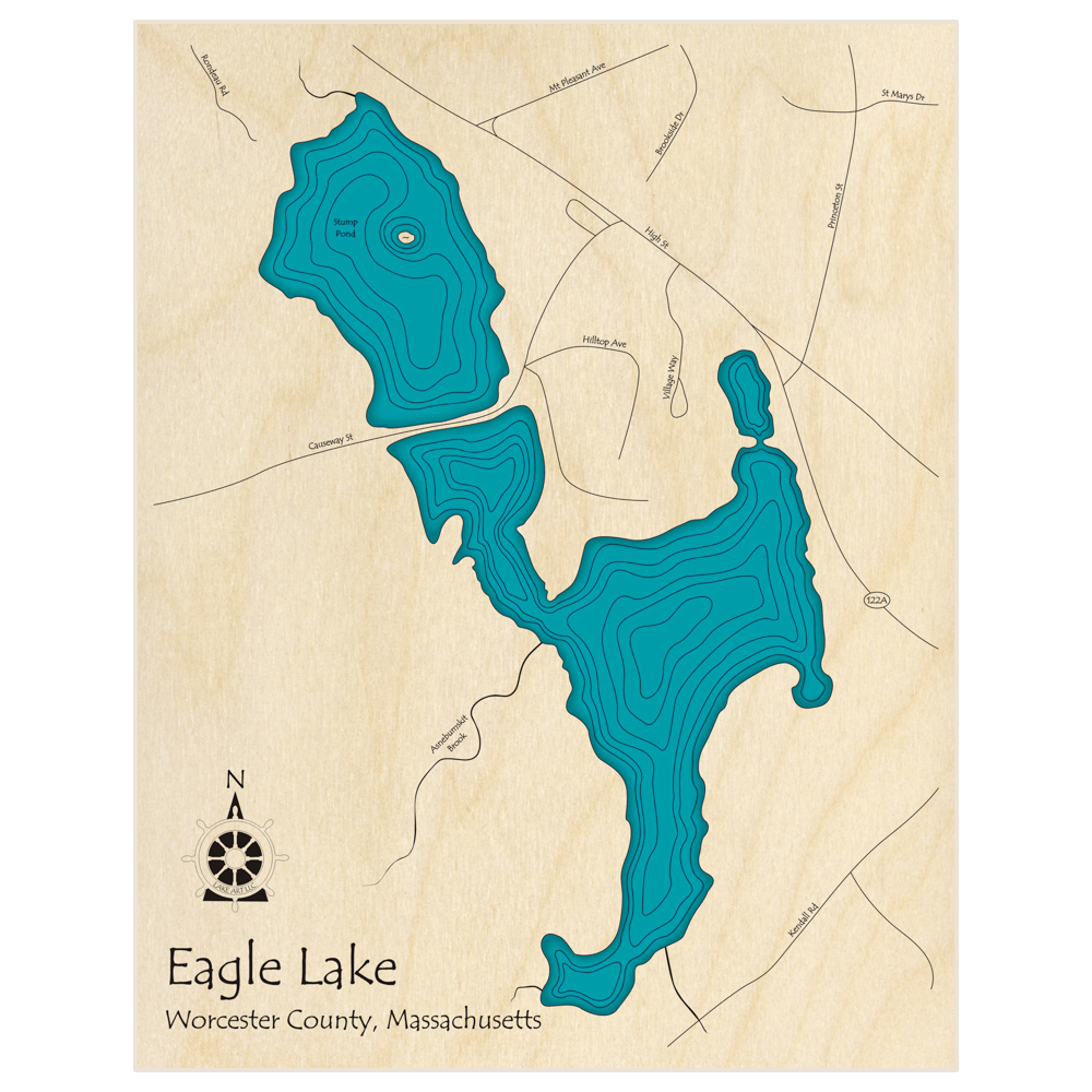 Bathymetric topo map of Eagle Lake and Stump Pond  with roads, towns and depths noted in blue water