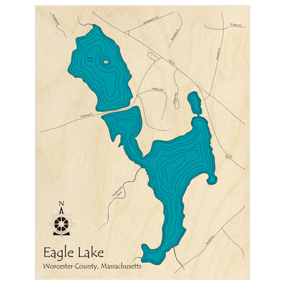 Bathymetric topo map of Eagle Lake and Stump Pond  with roads, towns and depths noted in blue water