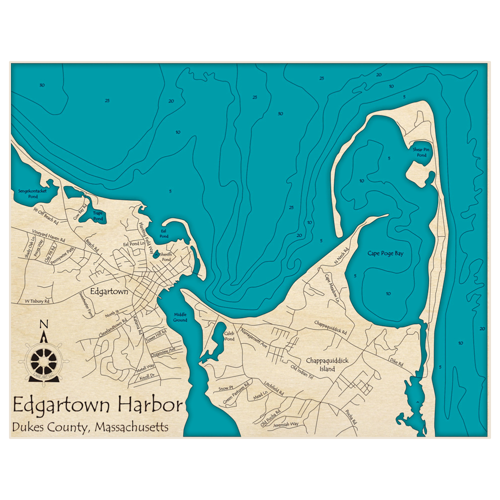 Bathymetric topo map of Edgartown Harbor with roads, towns and depths noted in blue water