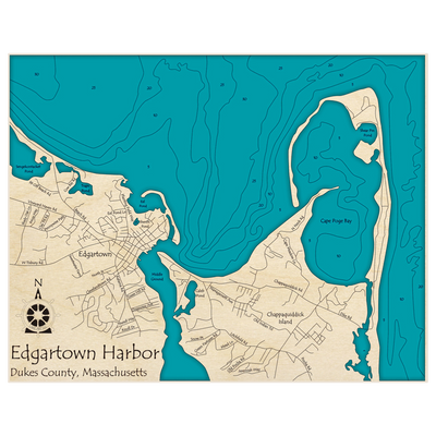 Bathymetric topo map of Edgartown Harbor with roads, towns and depths noted in blue water