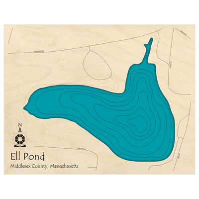 Bathymetric topo map of Ell Pond with roads, towns and depths noted in blue water