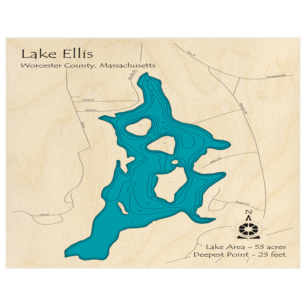 Bathymetric topo map of Lake Ellis with roads, towns and depths noted in blue water