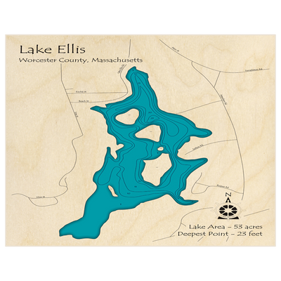 Bathymetric topo map of Lake Ellis with roads, towns and depths noted in blue water