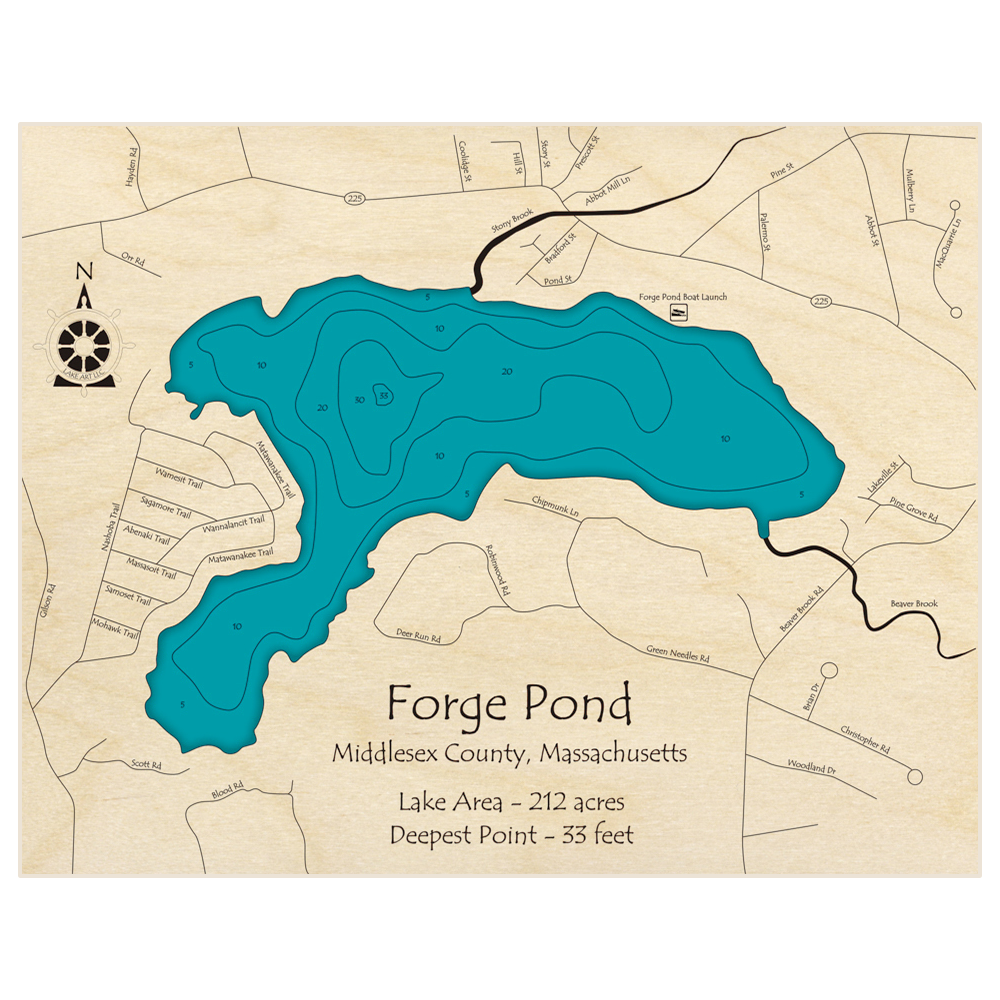 Bathymetric topo map of Forge Pond with roads, towns and depths noted in blue water