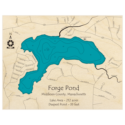 Bathymetric topo map of Forge Pond with roads, towns and depths noted in blue water