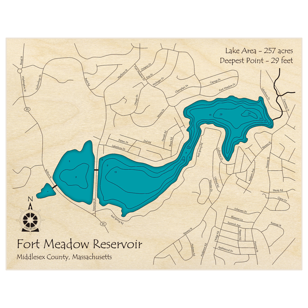 Bathymetric topo map of Fort Meadow Reservoir with roads, towns and depths noted in blue water