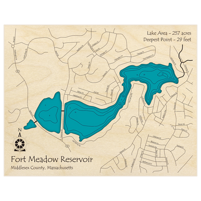 Bathymetric topo map of Fort Meadow Reservoir with roads, towns and depths noted in blue water