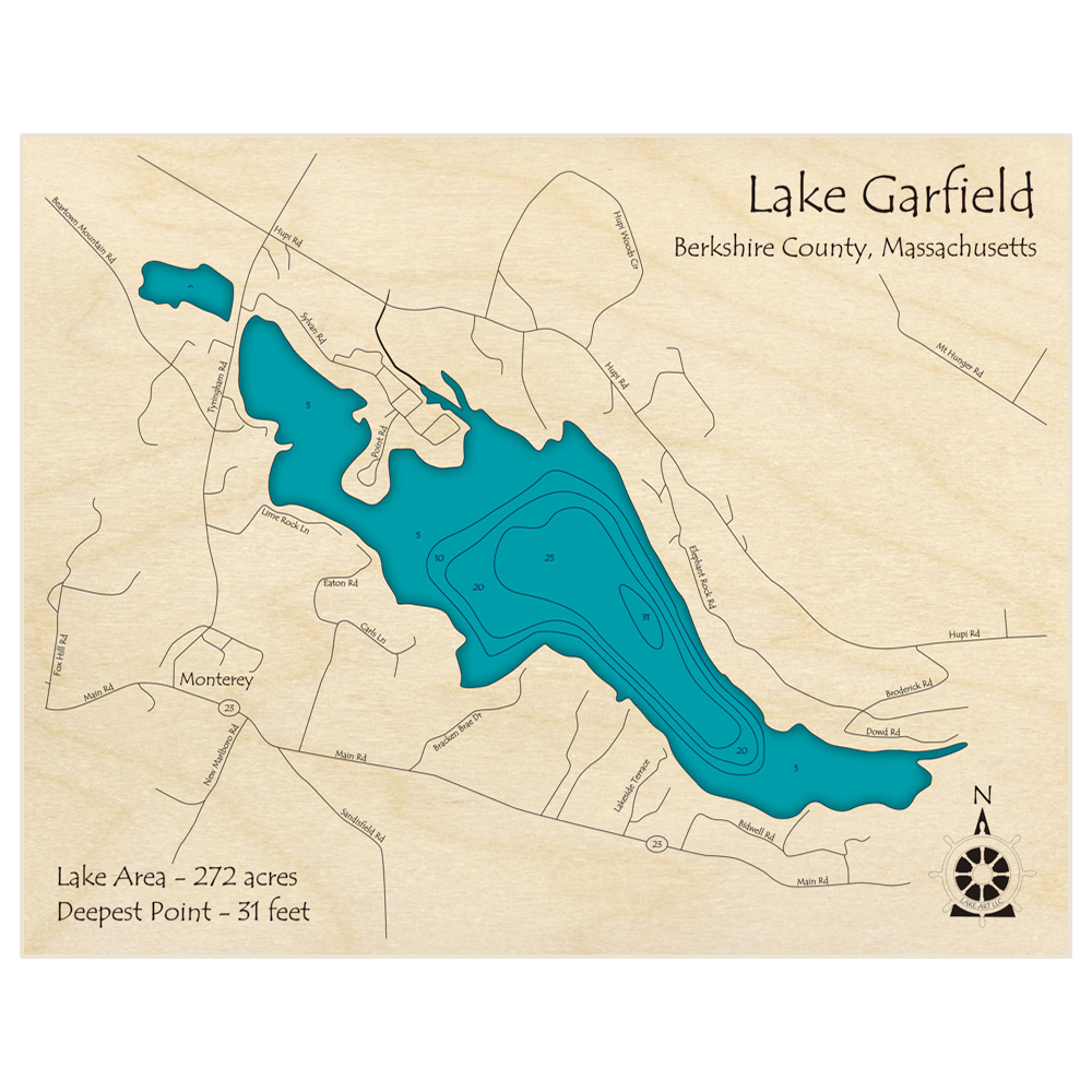 Bathymetric topo map of Lake Garfield with roads, towns and depths noted in blue water