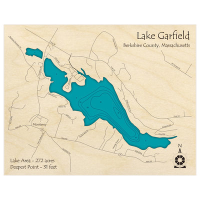 Bathymetric topo map of Lake Garfield with roads, towns and depths noted in blue water