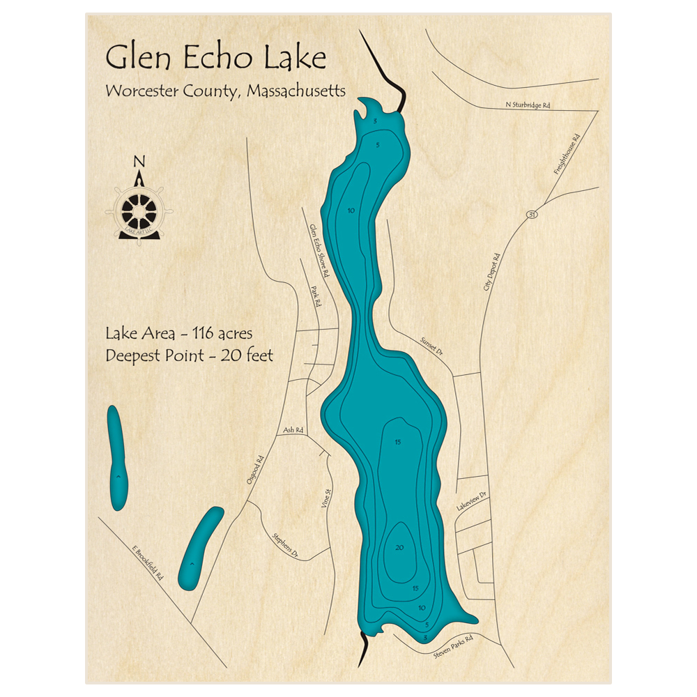 Bathymetric topo map of Glen Echo Lake with roads, towns and depths noted in blue water