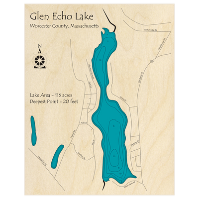 Bathymetric topo map of Glen Echo Lake with roads, towns and depths noted in blue water