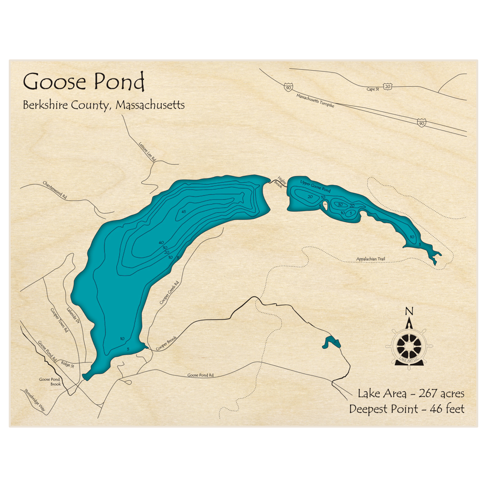 Bathymetric topo map of Goose Pond with roads, towns and depths noted in blue water