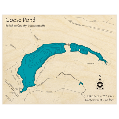 Bathymetric topo map of Goose Pond with roads, towns and depths noted in blue water