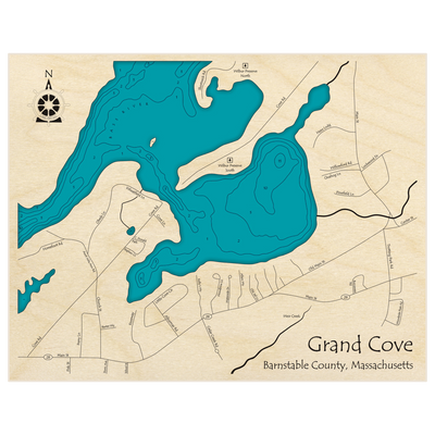 Bathymetric topo map of Grand Cove with roads, towns and depths noted in blue water