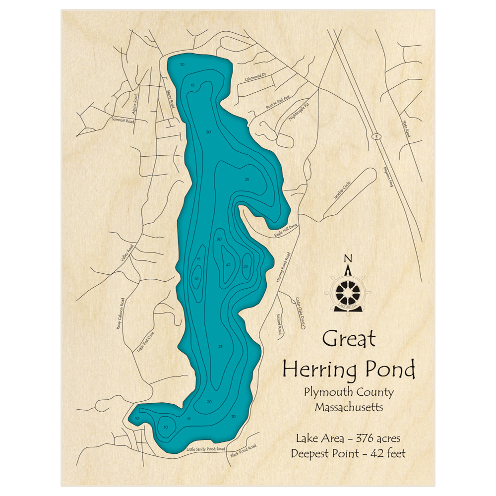 Bathymetric topo map of Great Herring Pond with roads, towns and depths noted in blue water