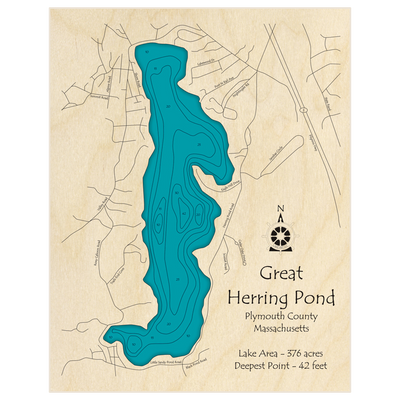 Bathymetric topo map of Great Herring Pond with roads, towns and depths noted in blue water